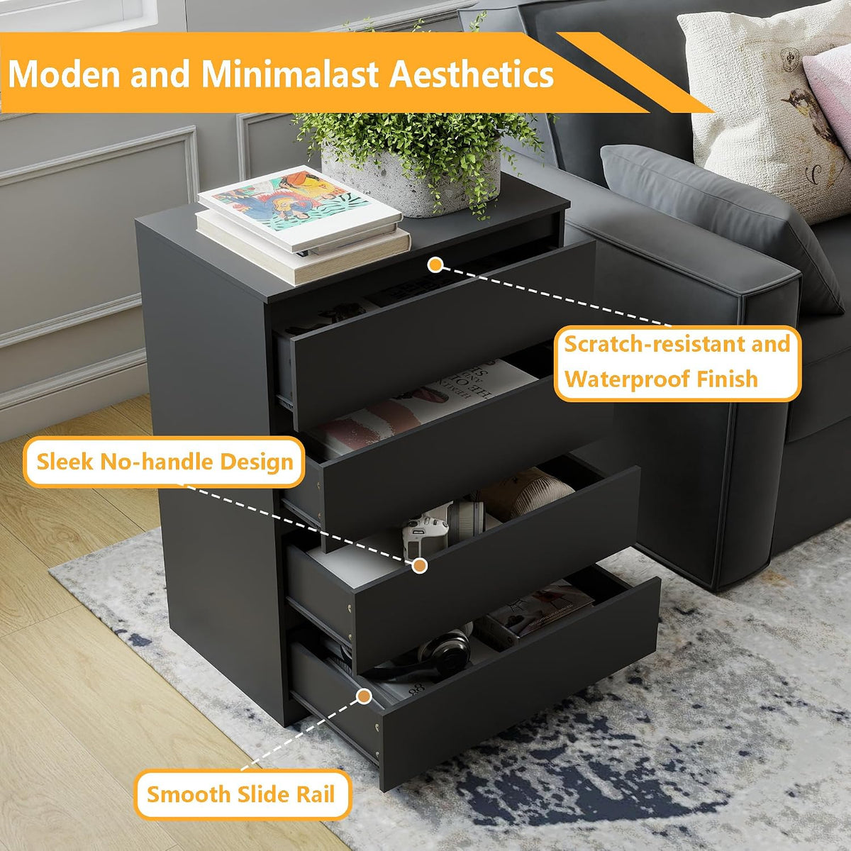Modern Black 4-Drawer Bedside Table – Handle-Free Storage Cabinet
