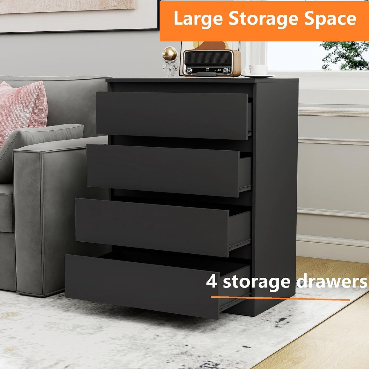 Modern Black 4-Drawer Bedside Table – Handle-Free Storage Cabinet