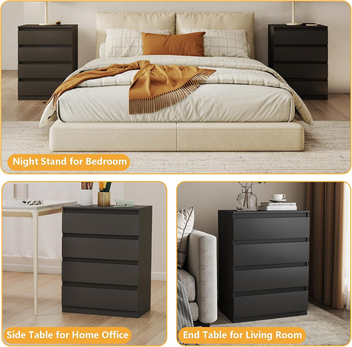 Modern Black 4-Drawer Bedside Table – Handle-Free Storage Cabinet