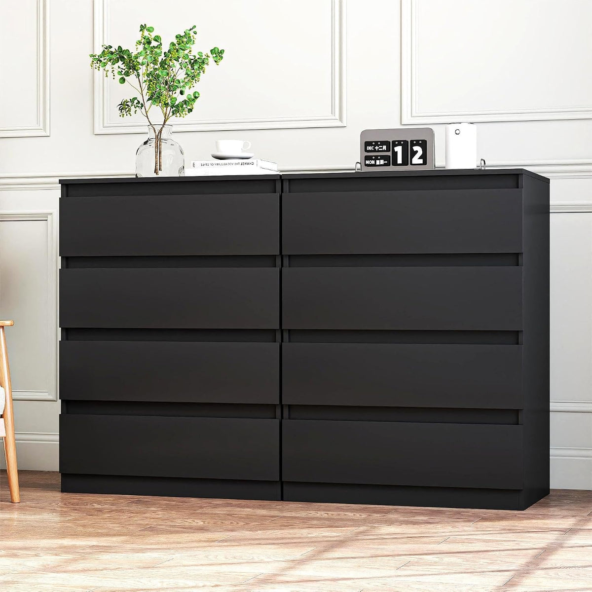 Modern Black 4-Drawer Bedside Table – Handle-Free Storage Cabinet