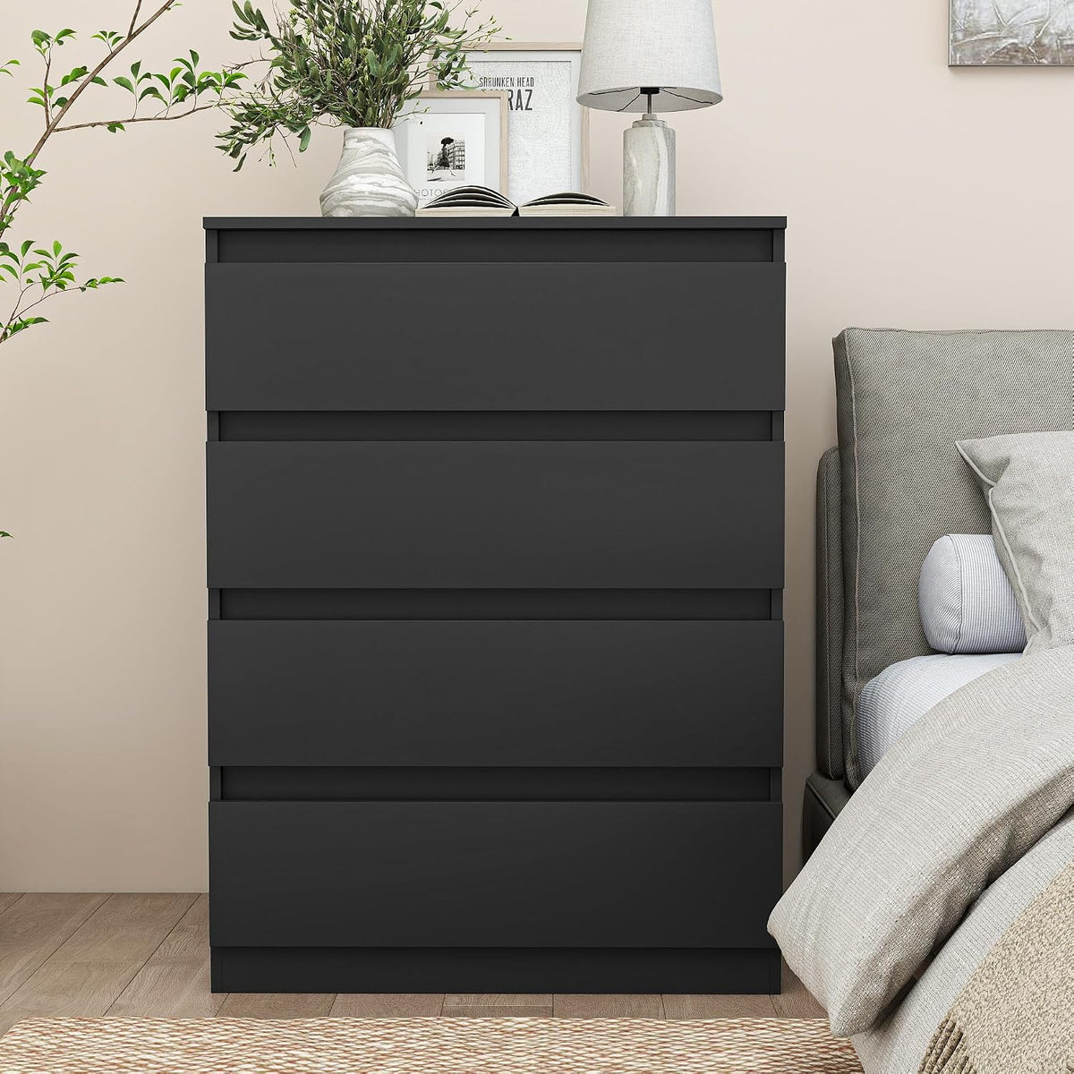 Modern Black 4-Drawer Bedside Table – Handle-Free Storage Cabinet