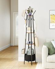 Coat Stand with 16 Hooks & Storage Basket – Rustic Brown & Black
