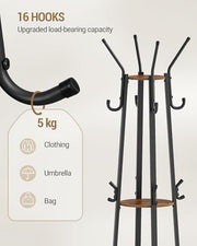 Coat Stand with 16 Hooks & Storage Basket – Rustic Brown & Black