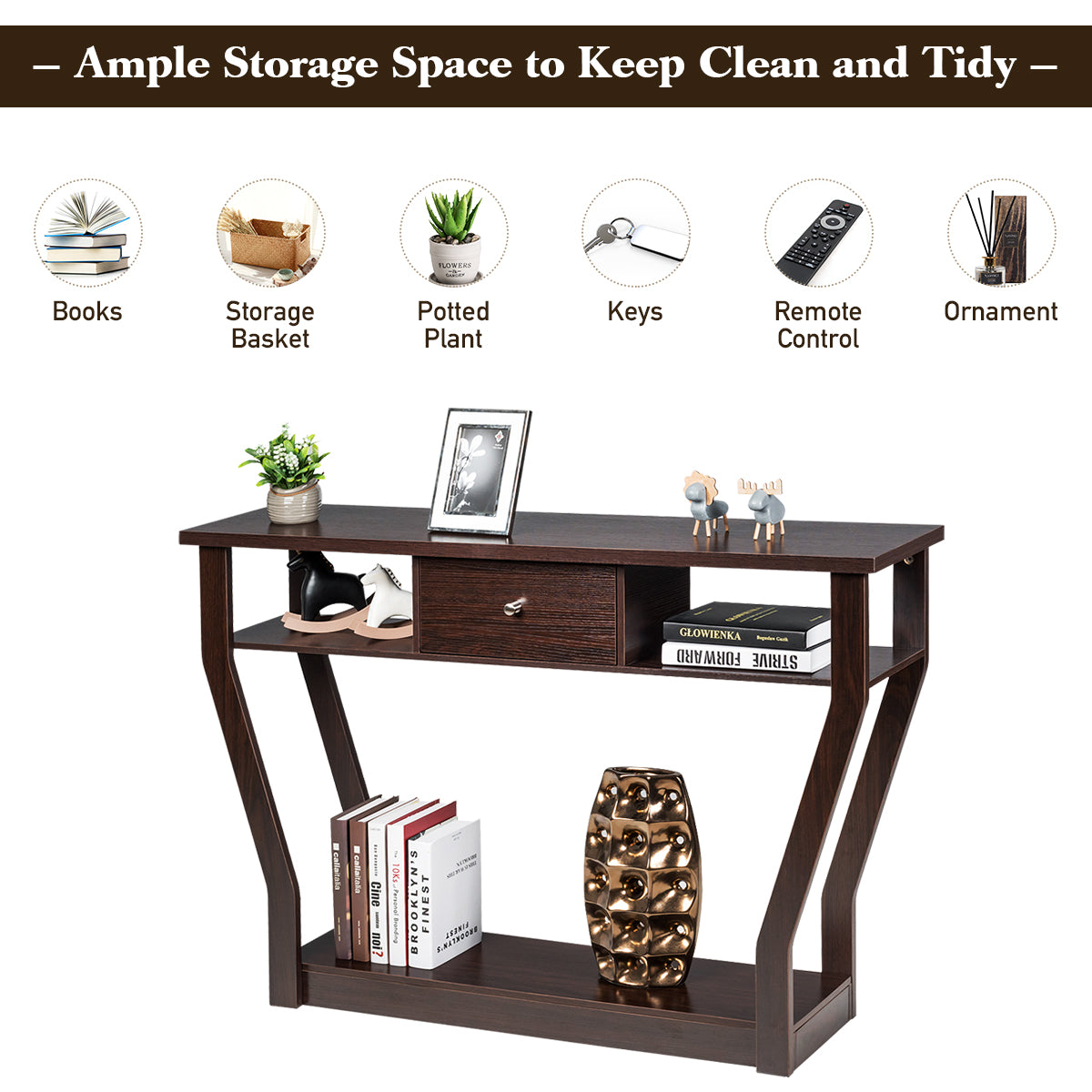 120cm 3-Tier Console Table with Drawer & Shelves