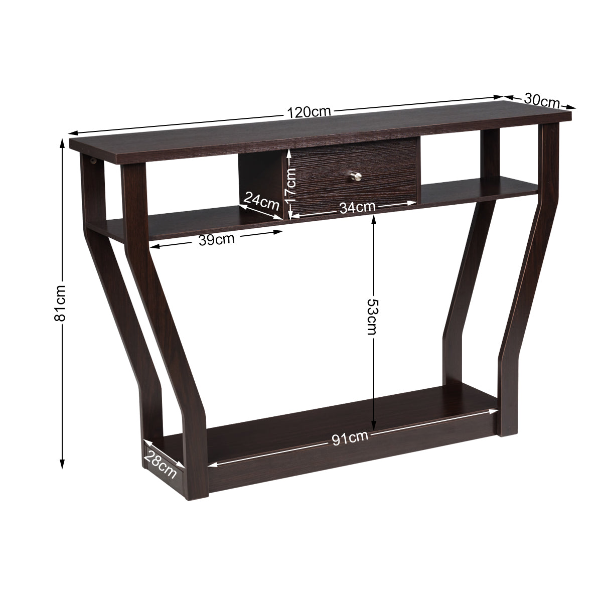 120cm 3-Tier Console Table with Drawer & Shelves