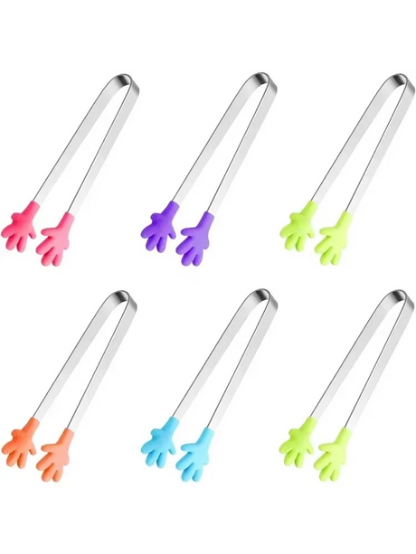 Silicone Mini Tongs, 5Inch Hand Shape Food Tongs, Colourful Small Kids Tongs for Serving Food, Ice Cube, fruits, Sugar, Barbecue