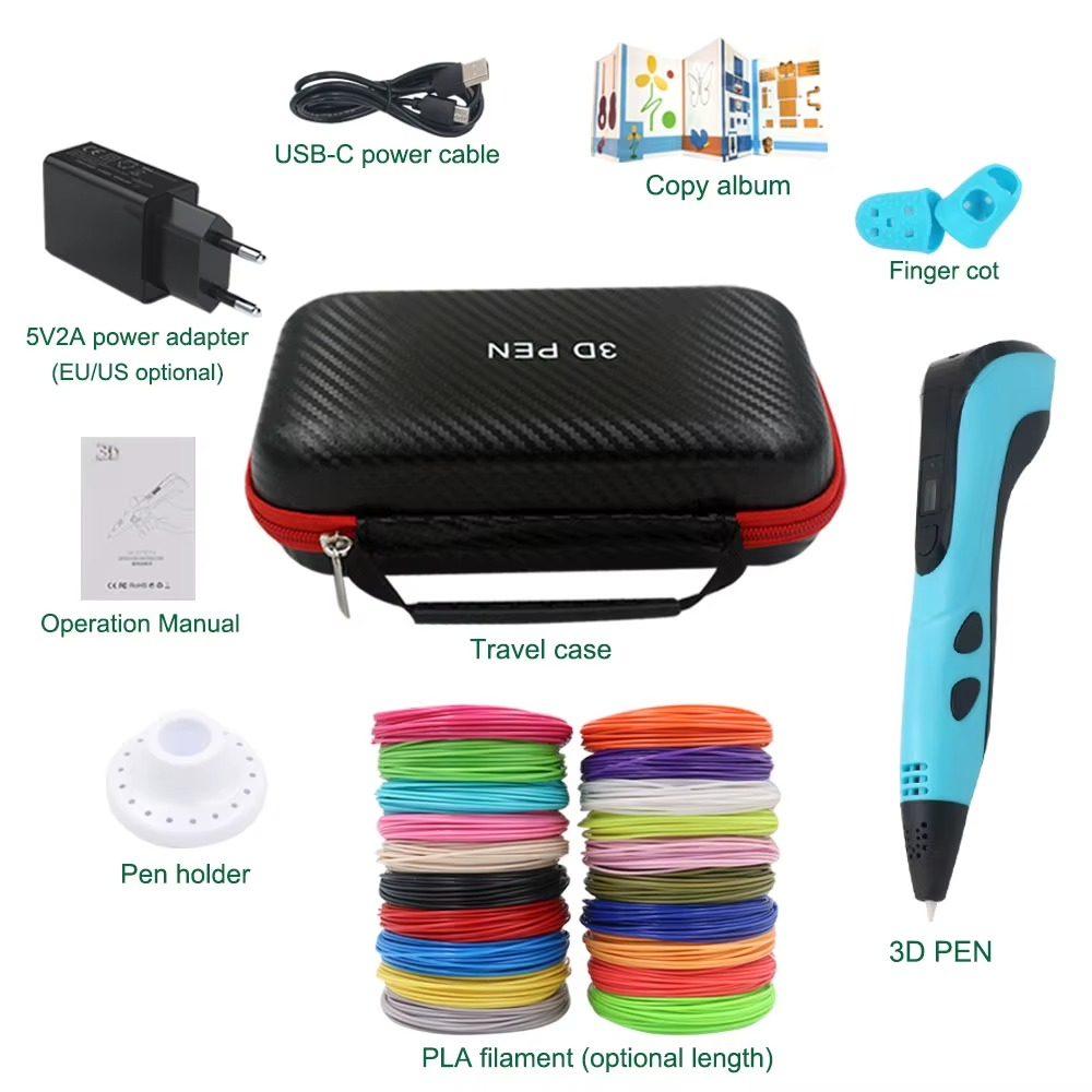 2025 New 3D Printing Pen DIY Three-dimensional Painting Children Toys With LCD Screen Power Adapter 200M PLA Filament Toys Gift