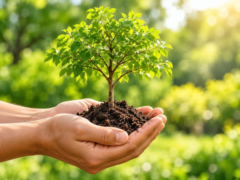 Hands holding a young tree in soil against a bright green garden