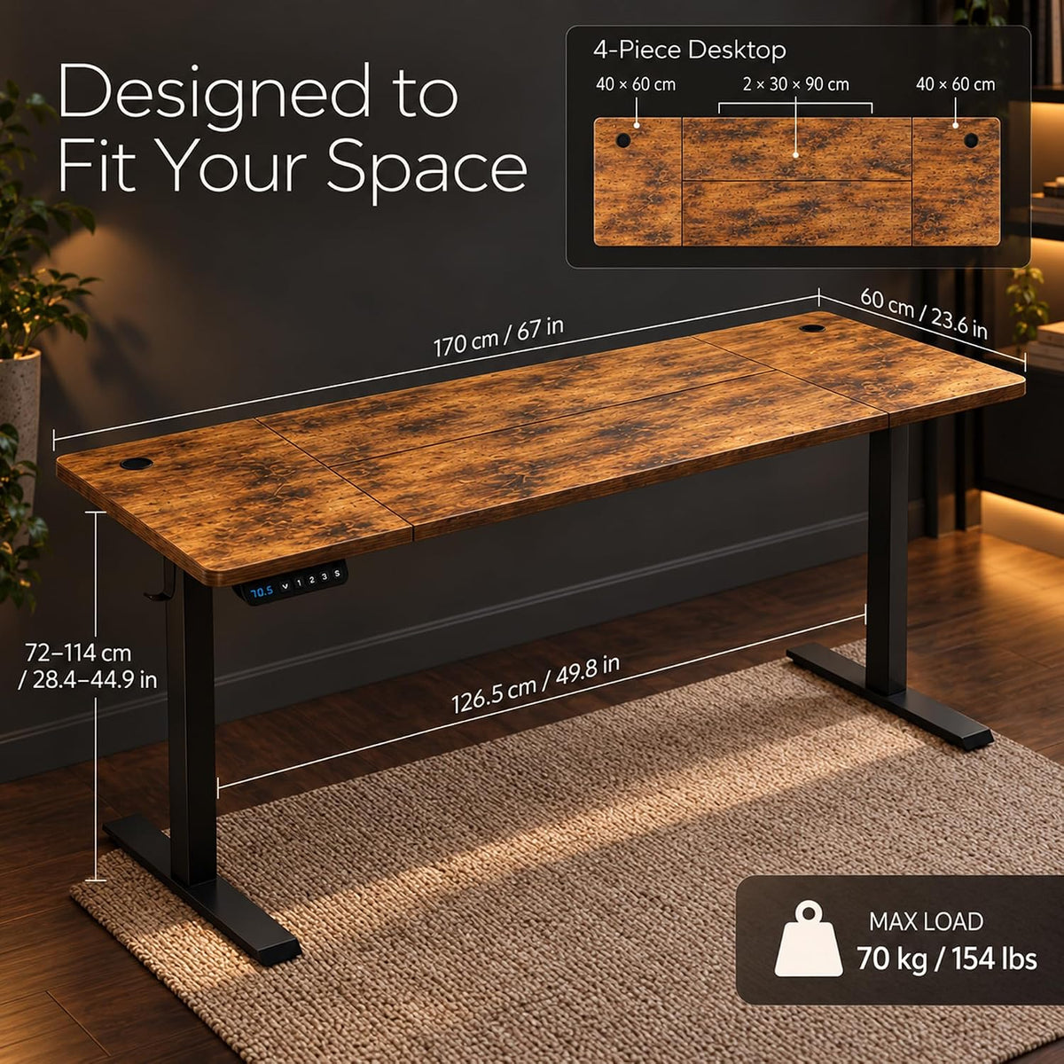 170 × 60 cm Electric Height-Adjustable Standing Desk with 3 Memory Presets – Rustic Brown