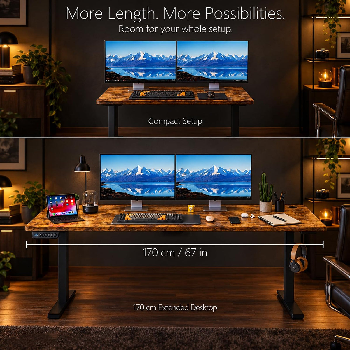 170 × 60 cm Electric Height-Adjustable Standing Desk with 3 Memory Presets – Rustic Brown