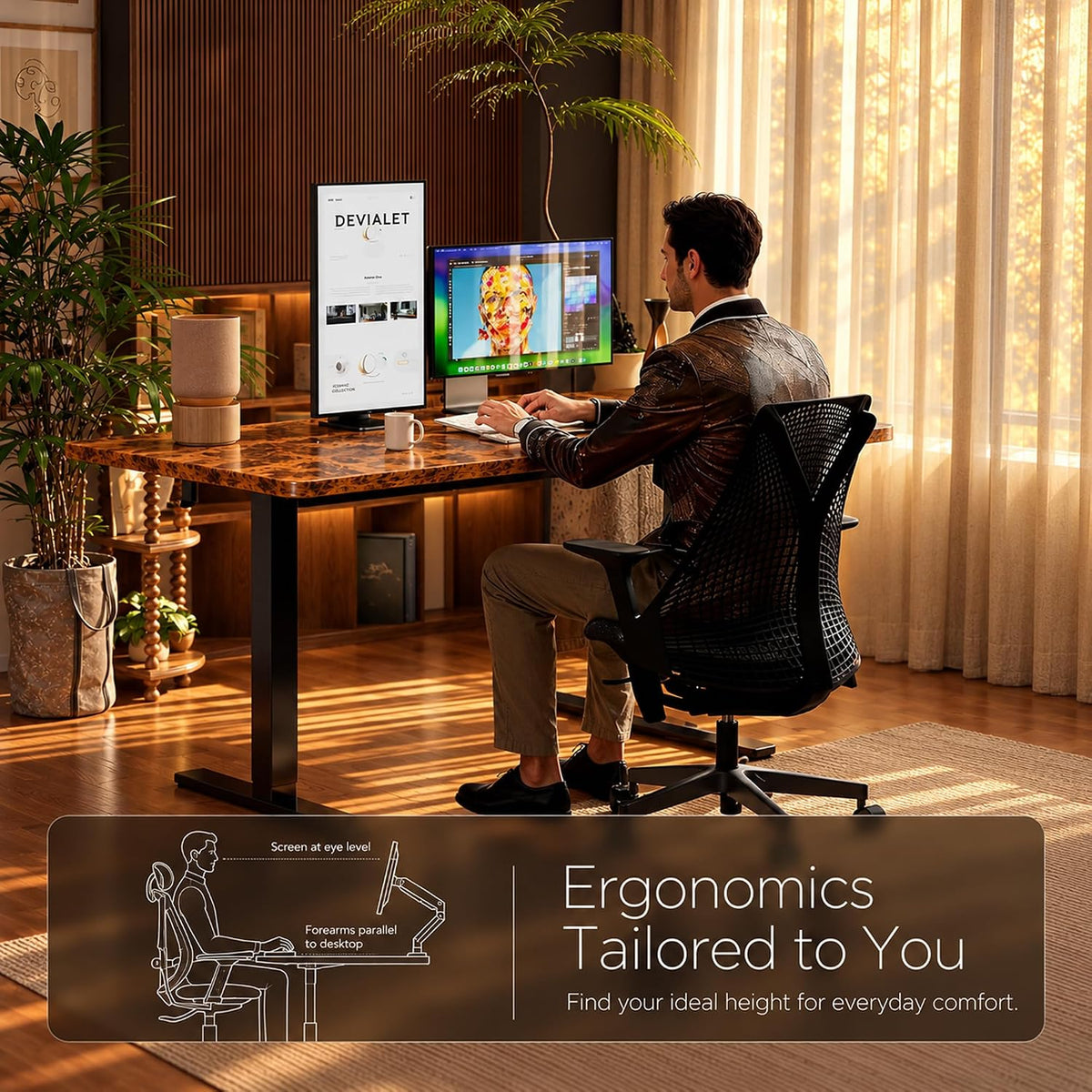 170 × 60 cm Electric Height-Adjustable Standing Desk with 3 Memory Presets – Rustic Brown