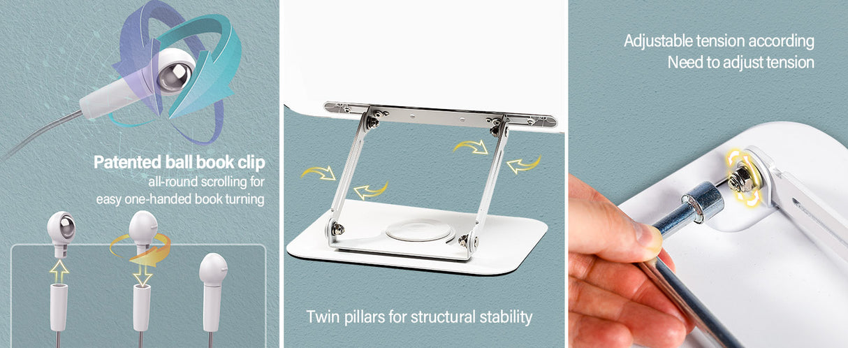 Book Stand for Reading, Adjustable Book Holder with 360° Swivel Base Foldable Stand Recipe Book Holder with Elastic Page Clips