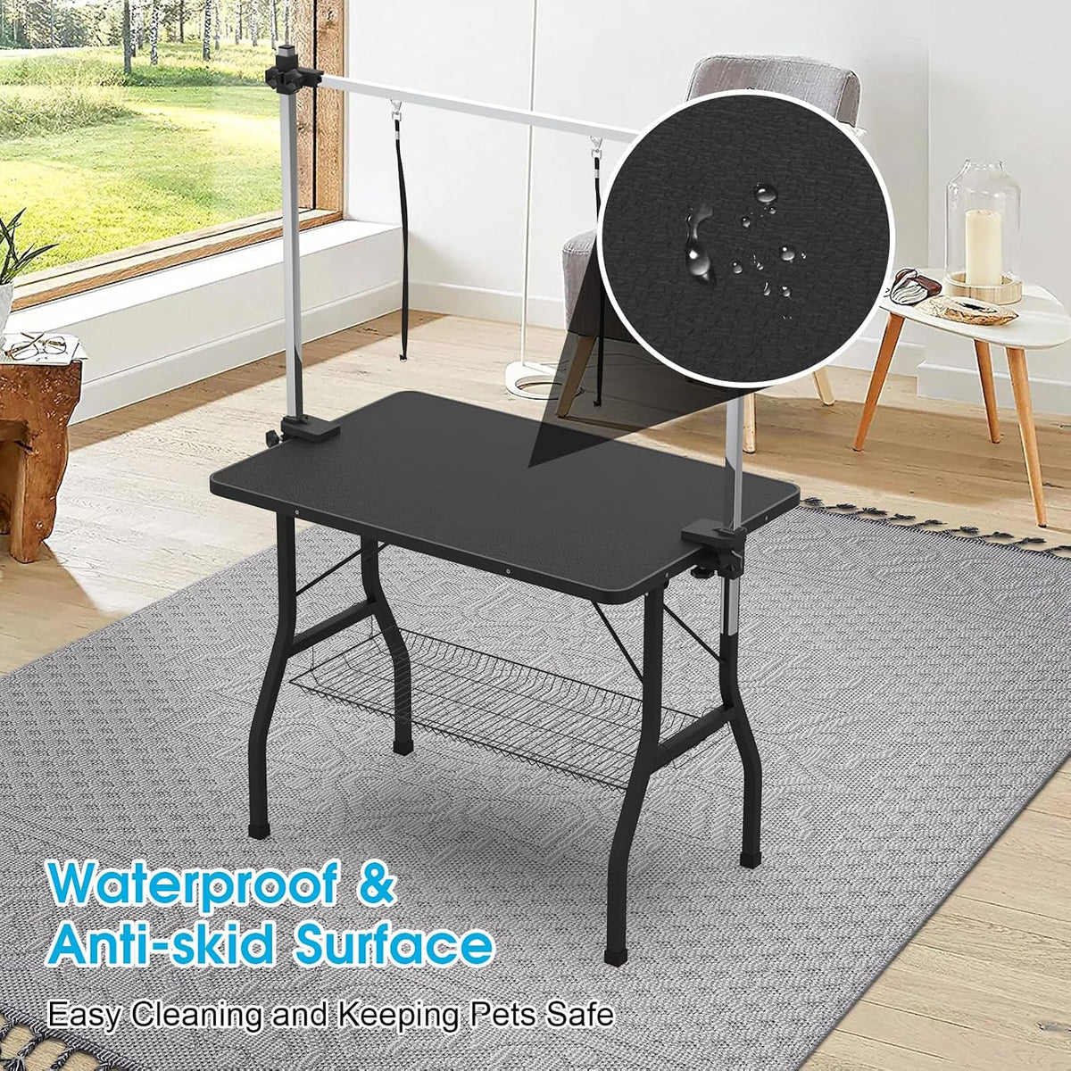 91cm Foldable Dog Grooming Table with Adjustable Double Arm & Basket