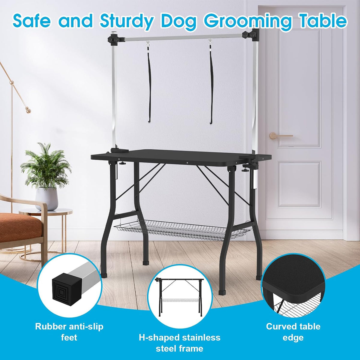 91cm Foldable Dog Grooming Table with Adjustable Double Arm & Basket