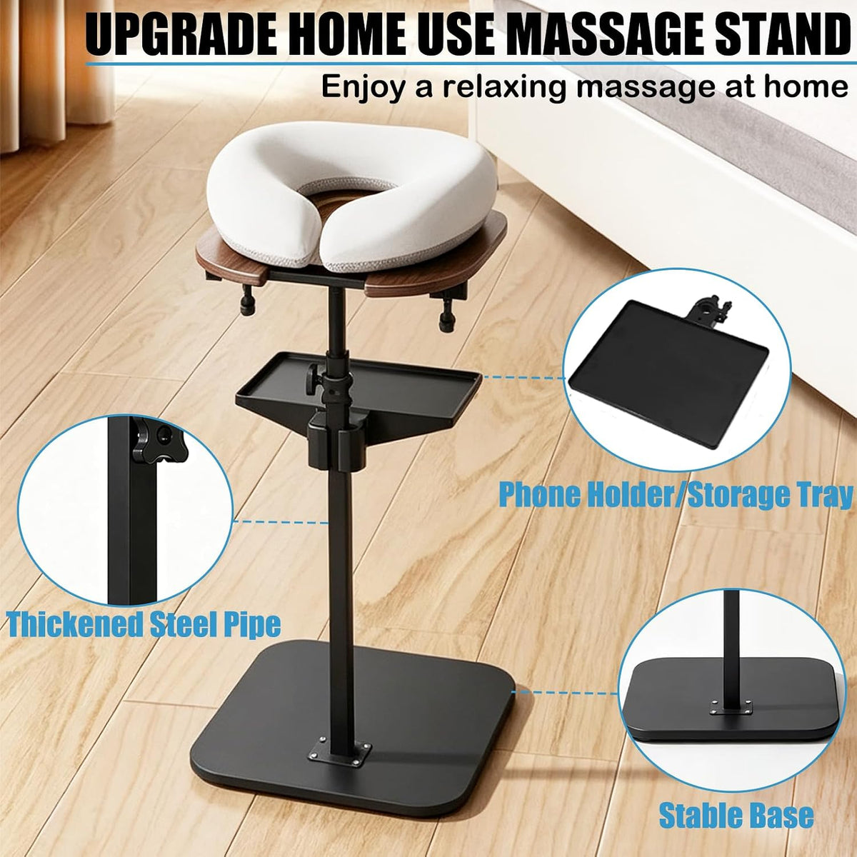 Freestanding Adjustable Massage Headrest with Face Cushion & Armrest Tray – Grey