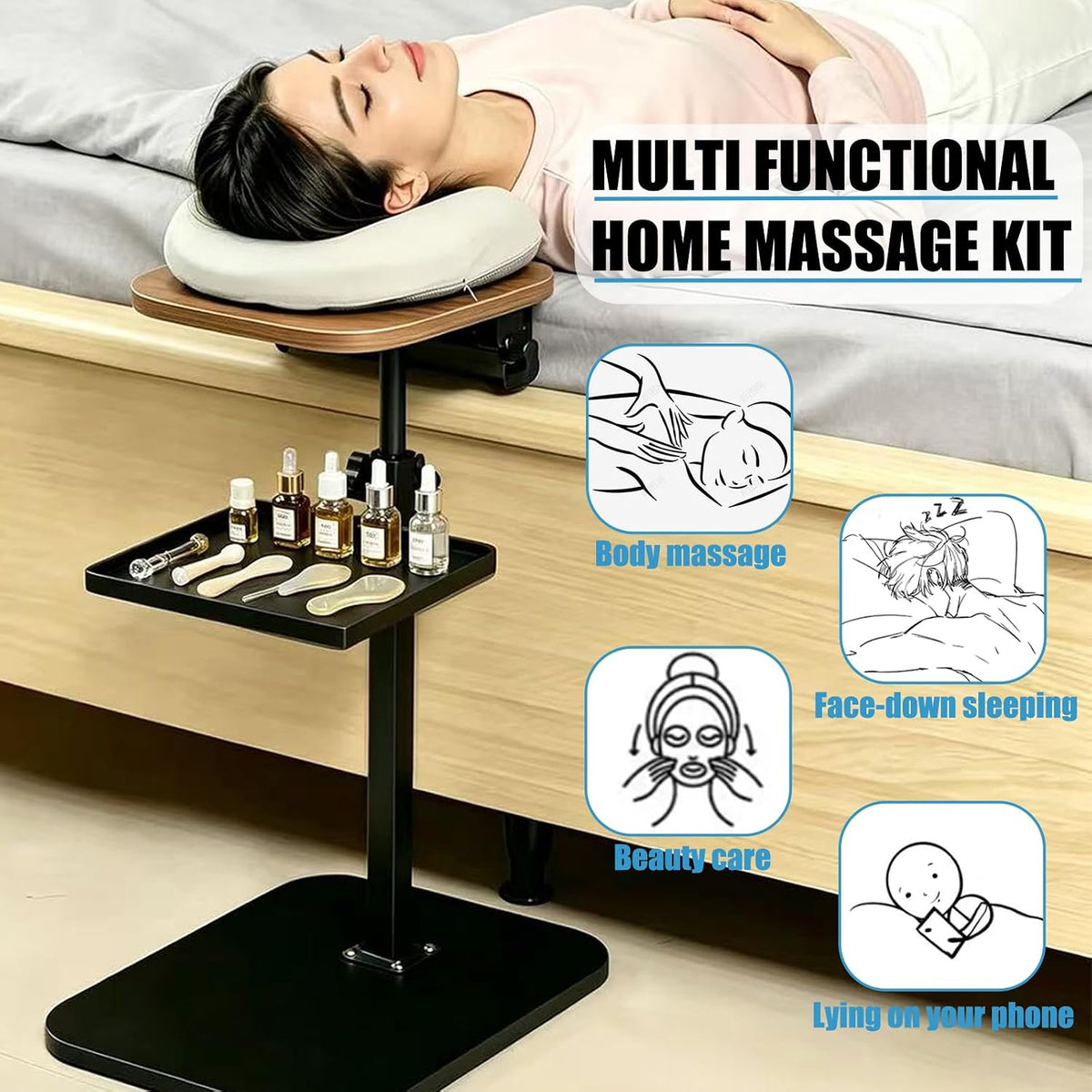 Freestanding Adjustable Massage Headrest with Face Cushion & Armrest Tray – Grey