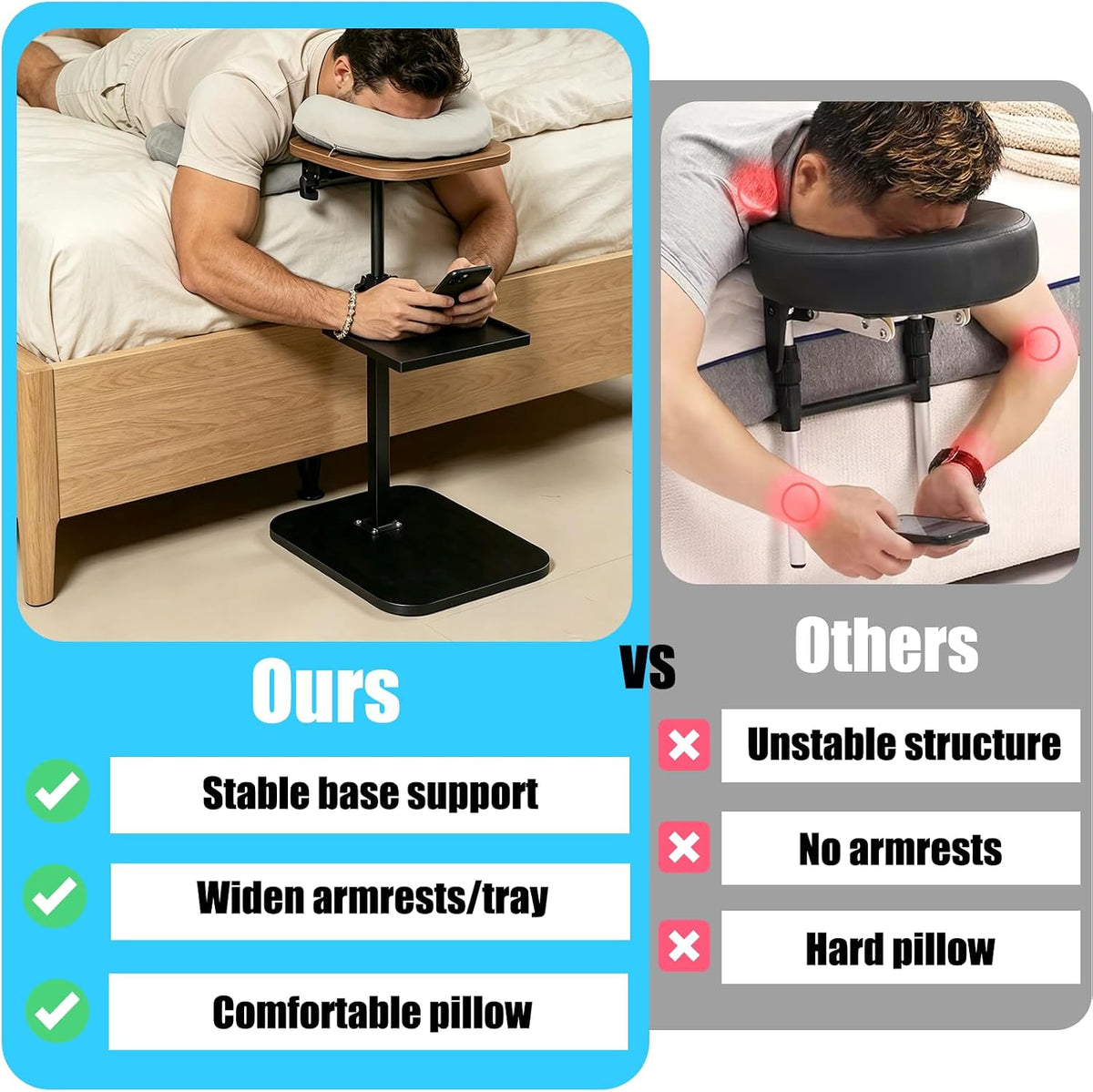 Freestanding Adjustable Massage Headrest with Face Cushion & Armrest Tray – Grey