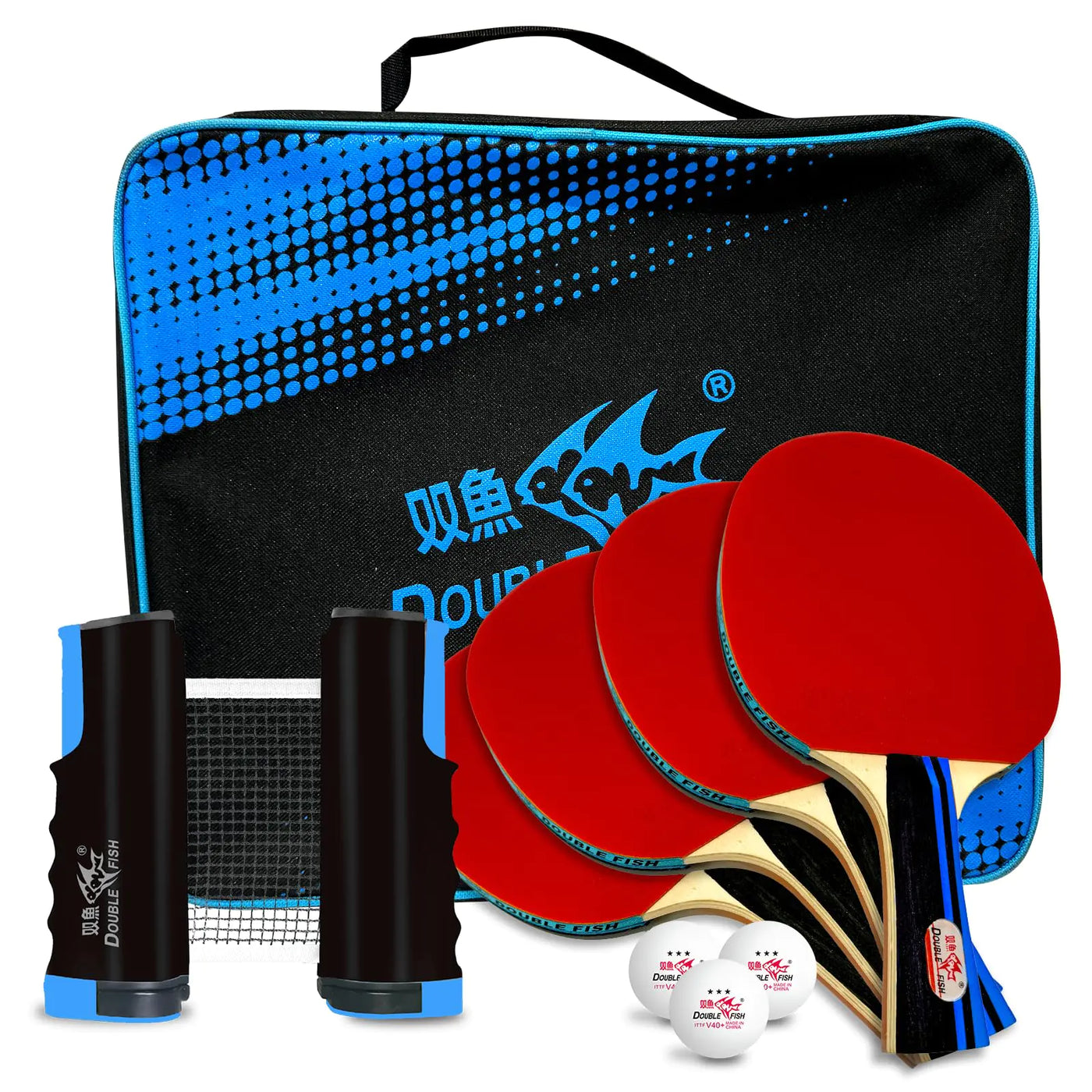 Double Fish Table-Tennis Set with 4 Paddles, 6 Balls & Retractable Net