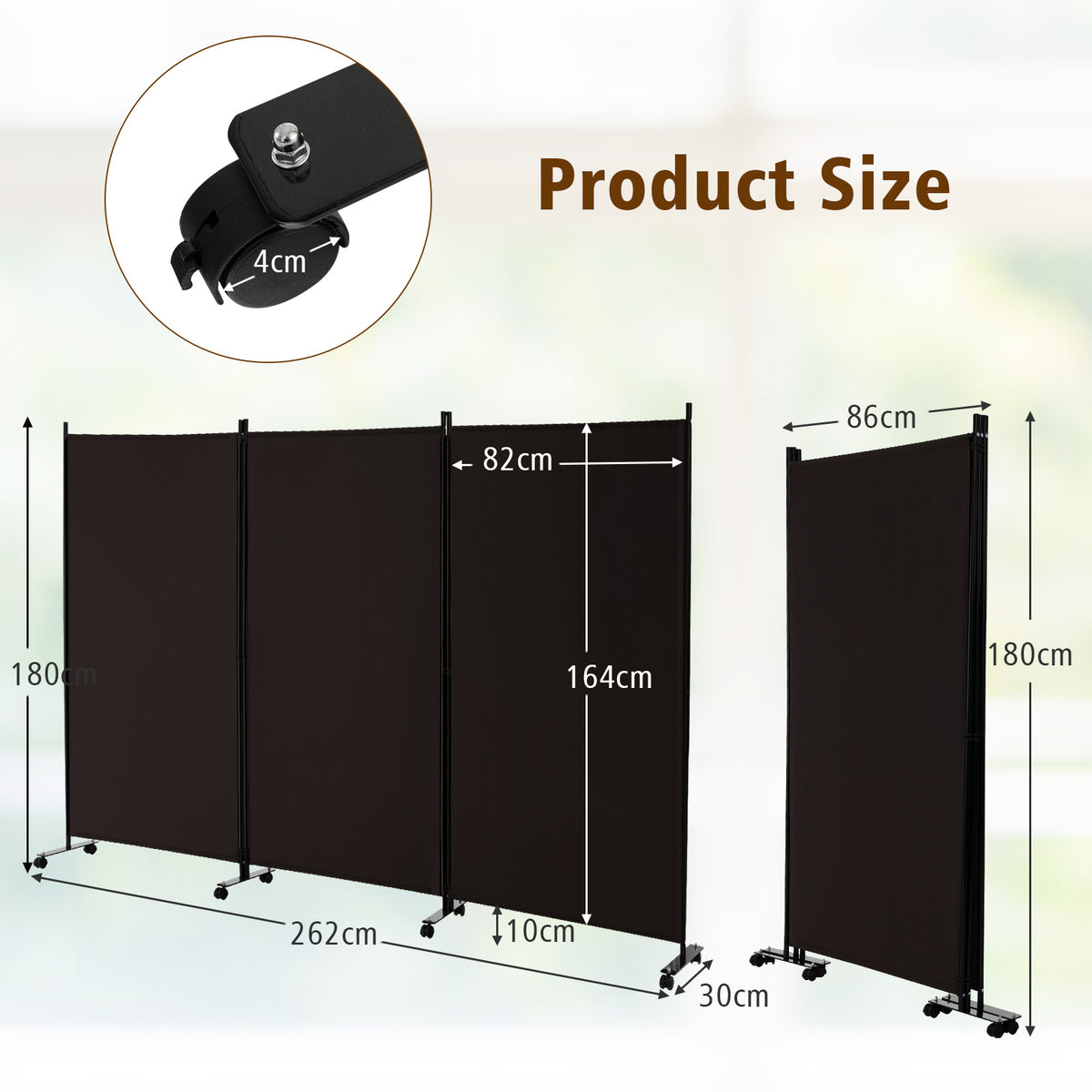262 × 180 cm 3-Panel Rolling Room Divider – 4 Colours