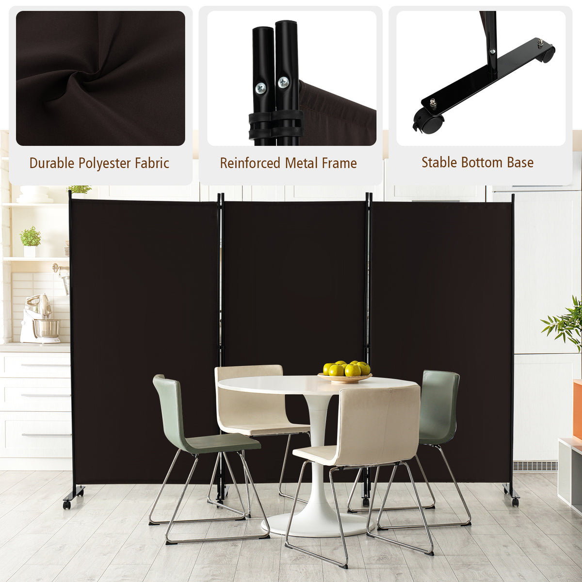 262 × 180 cm 3-Panel Rolling Room Divider – 4 Colours