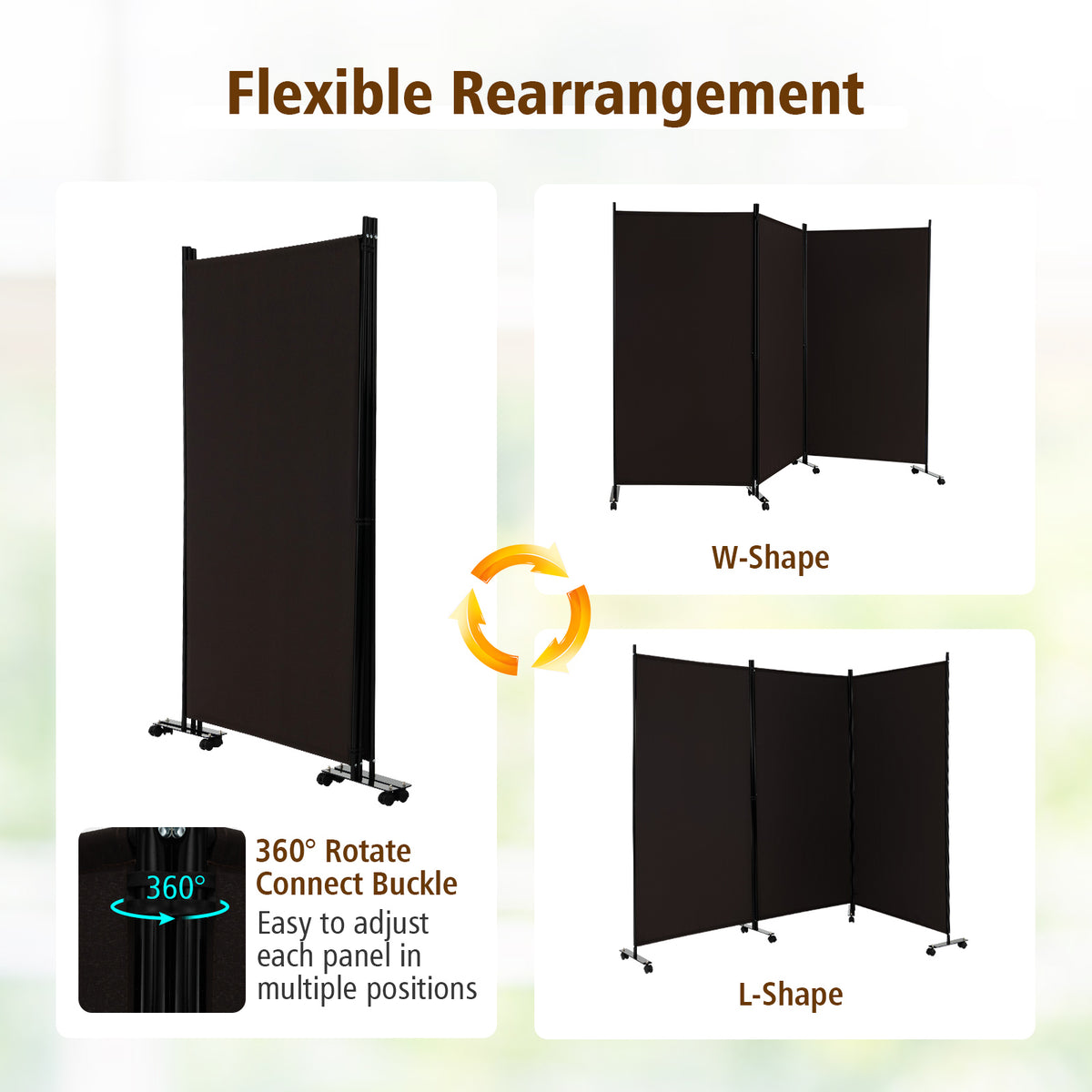 262 × 180 cm 3-Panel Rolling Room Divider – 4 Colours