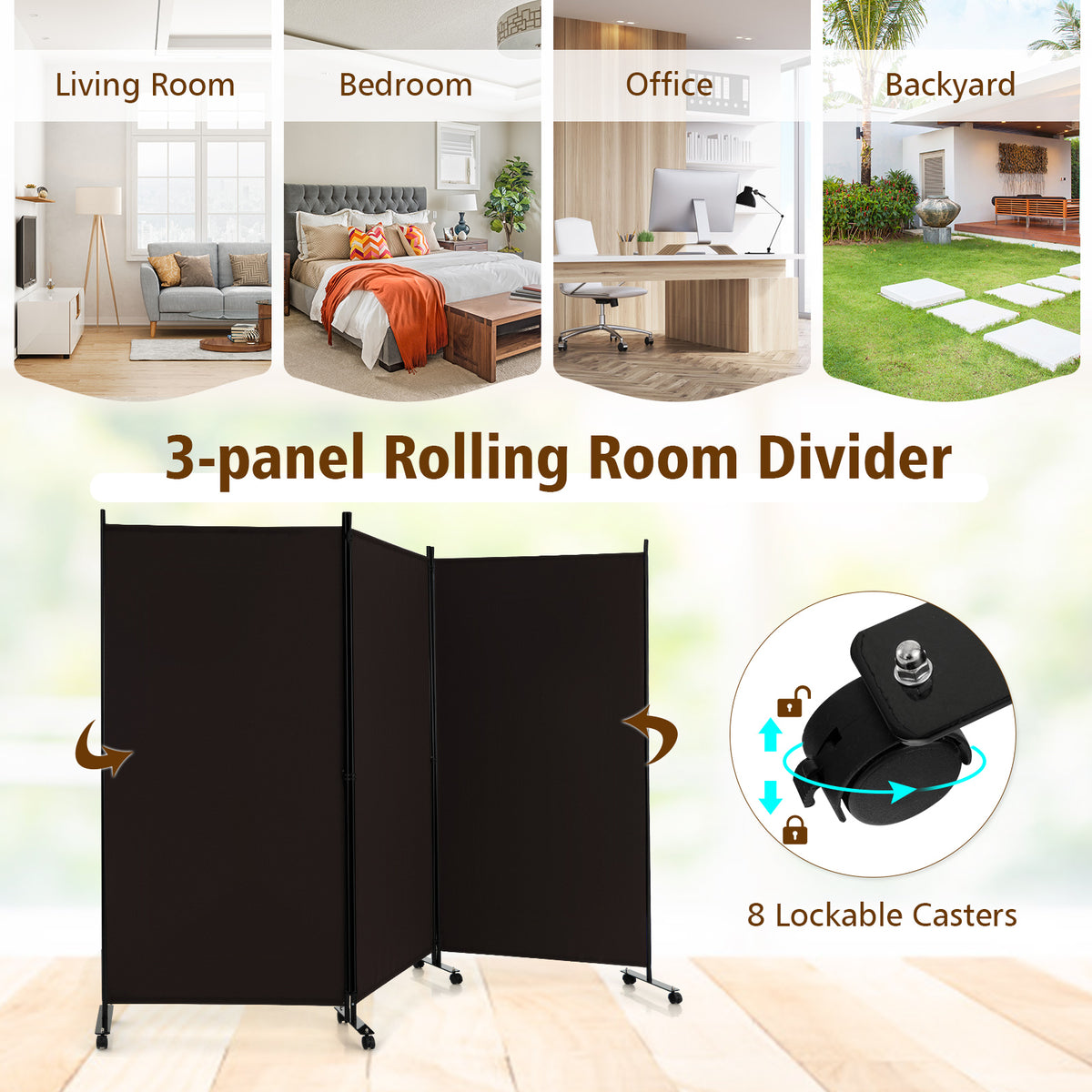 262 × 180 cm 3-Panel Rolling Room Divider – 4 Colours