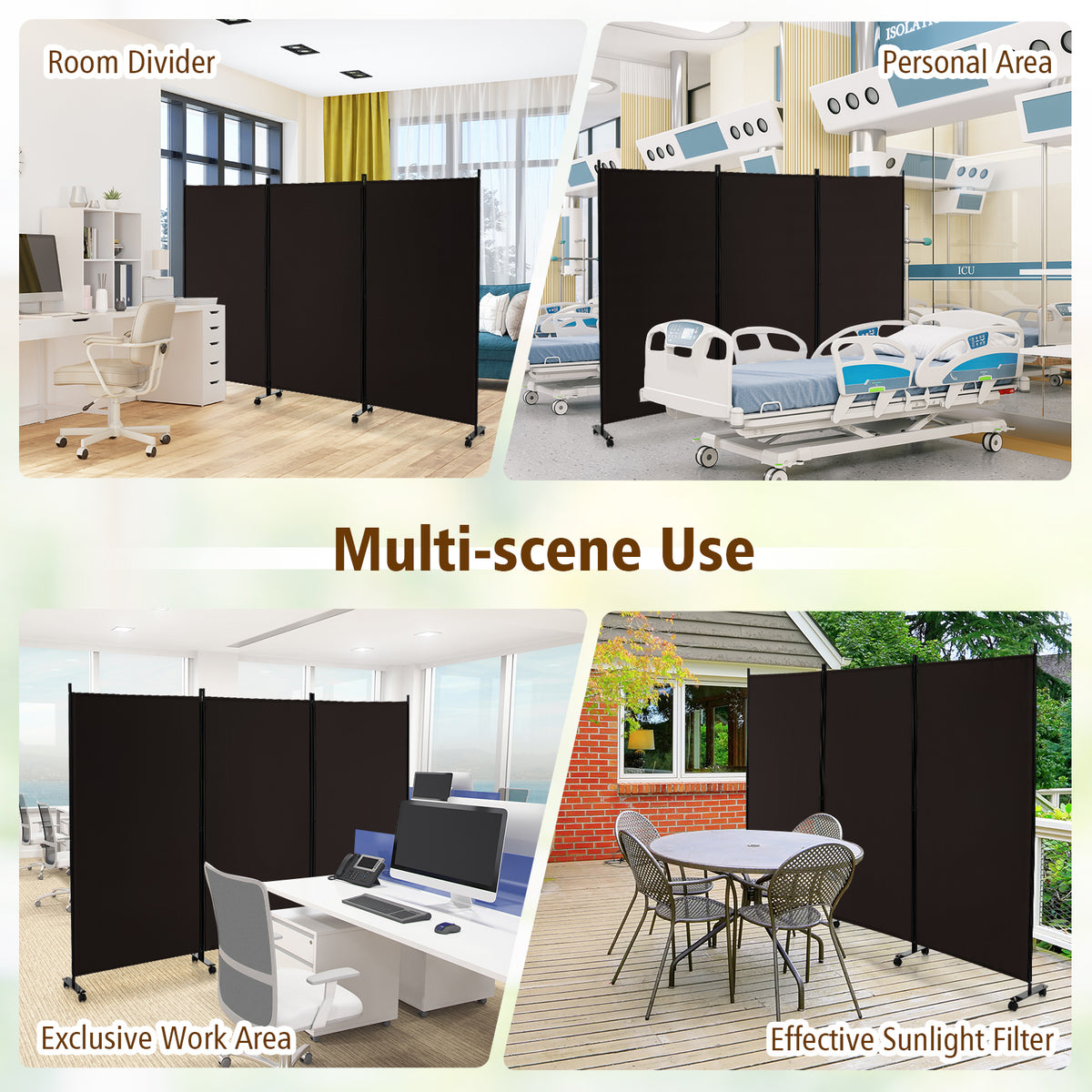 262 × 180 cm 3-Panel Rolling Room Divider – 4 Colours