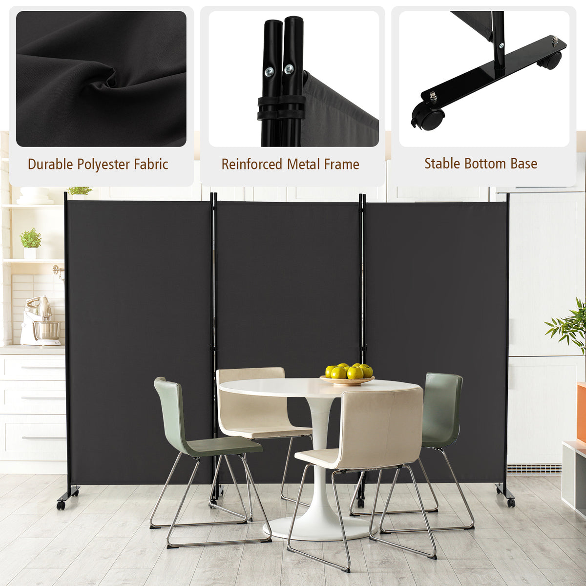 262 × 180 cm 3-Panel Rolling Room Divider – 4 Colours