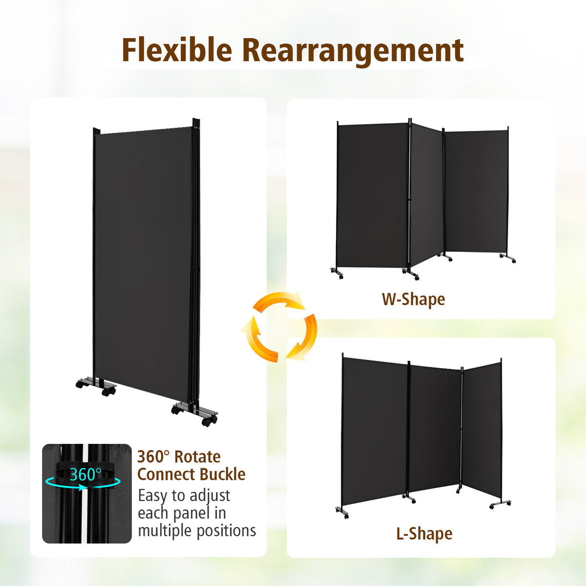 262 × 180 cm 3-Panel Rolling Room Divider – 4 Colours