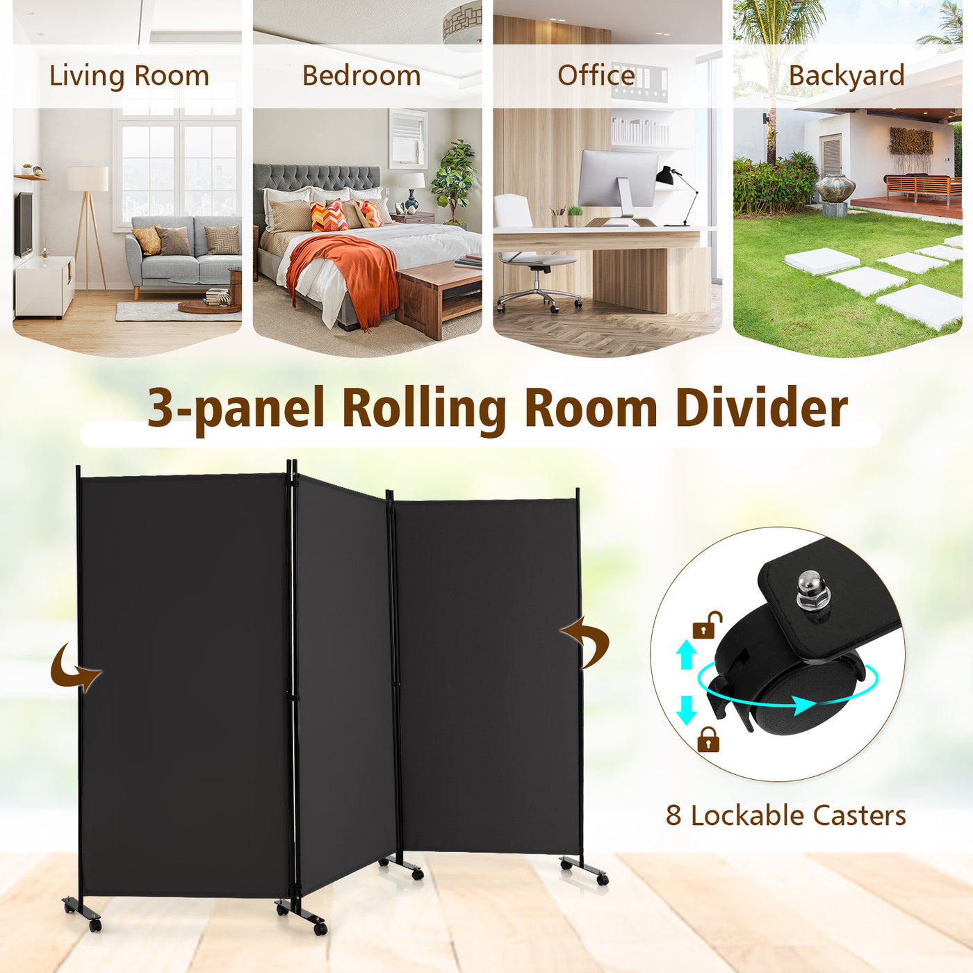 262 × 180 cm 3-Panel Rolling Room Divider – 4 Colours