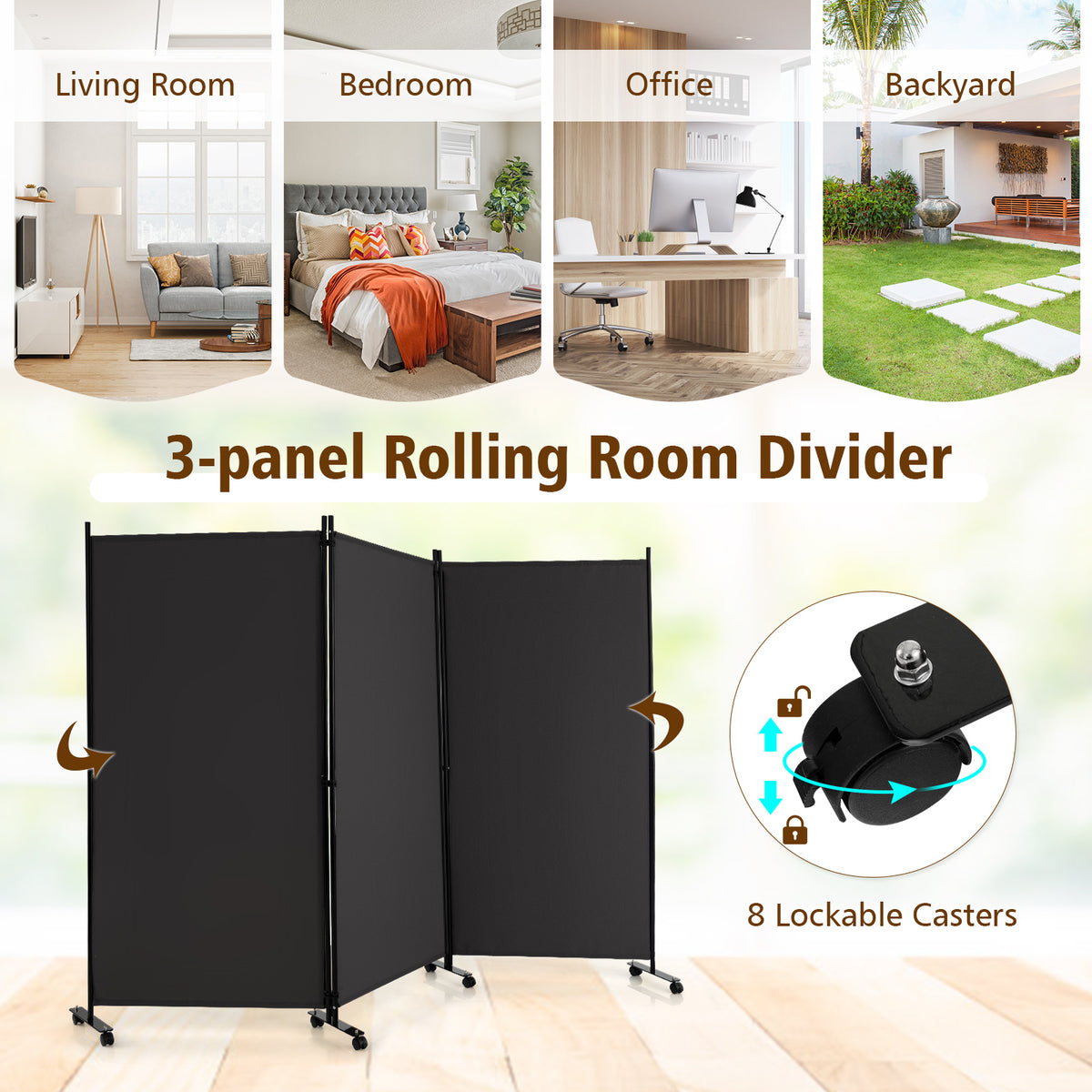 262 × 180 cm 3-Panel Rolling Room Divider – 4 Colours