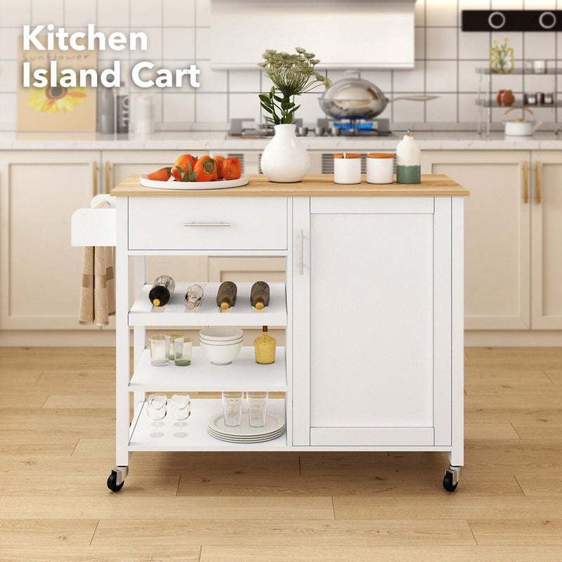 100 cm Rolling Kitchen Island with Rubberwood Top