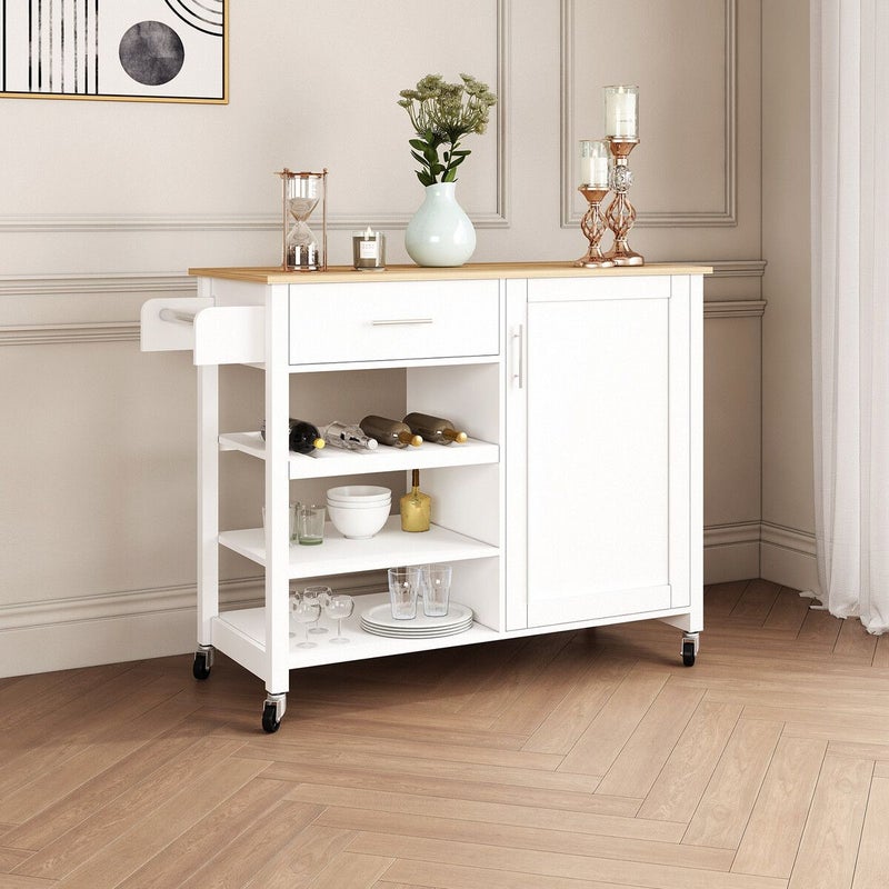 100 cm Rolling Kitchen Island with Rubberwood Top