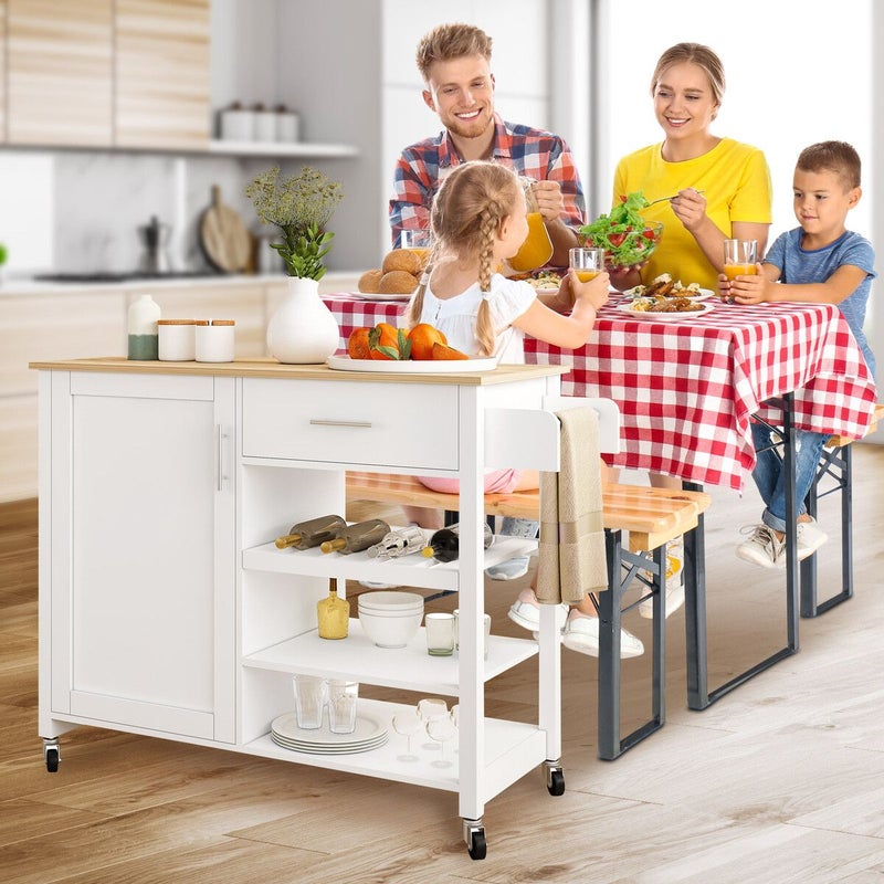 100 cm Rolling Kitchen Island with Rubberwood Top