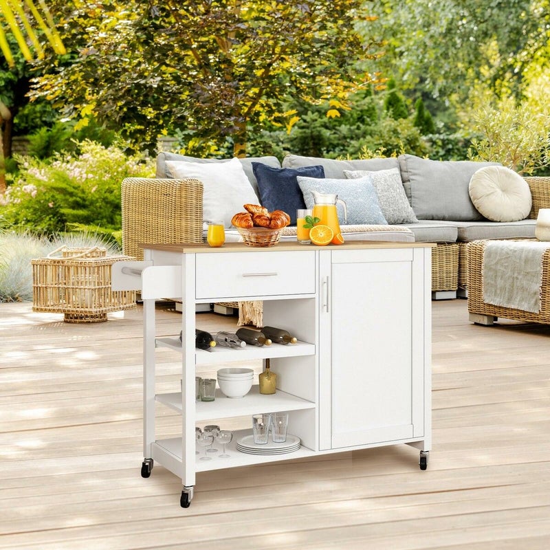 100 cm Rolling Kitchen Island with Rubberwood Top