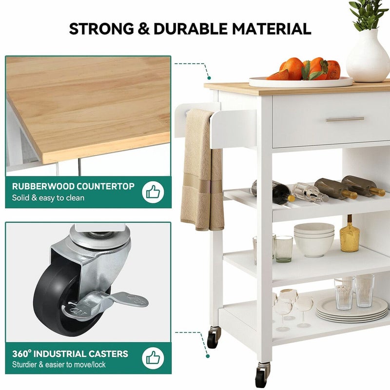 100 cm Rolling Kitchen Island with Rubberwood Top