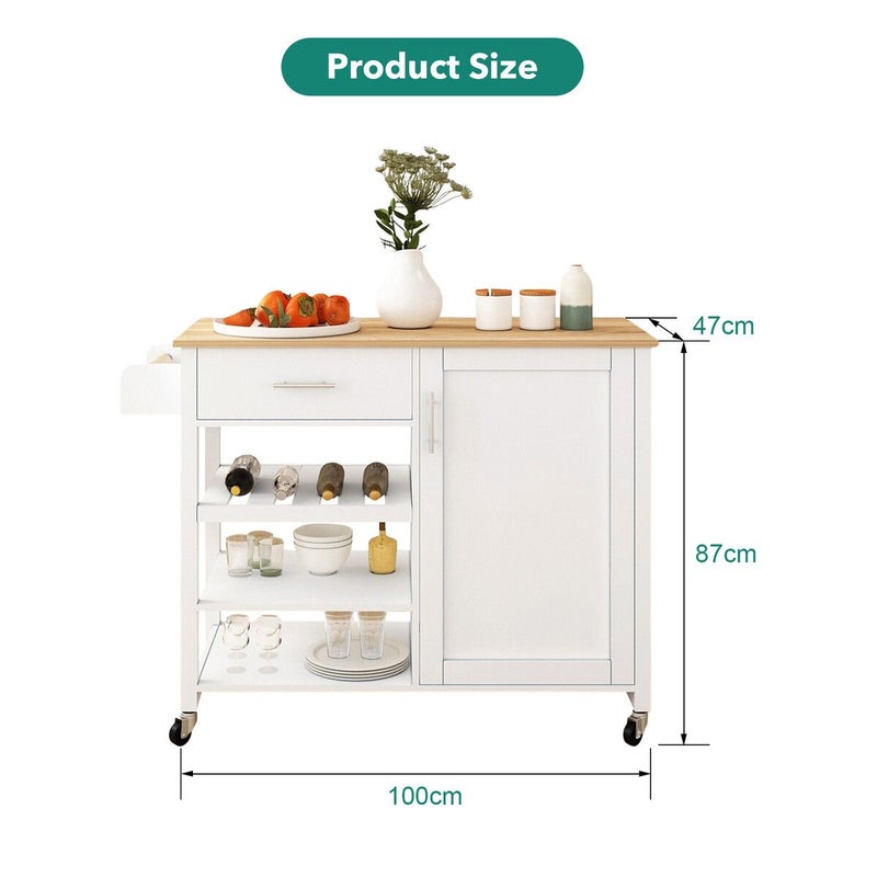 100 cm Rolling Kitchen Island with Rubberwood Top