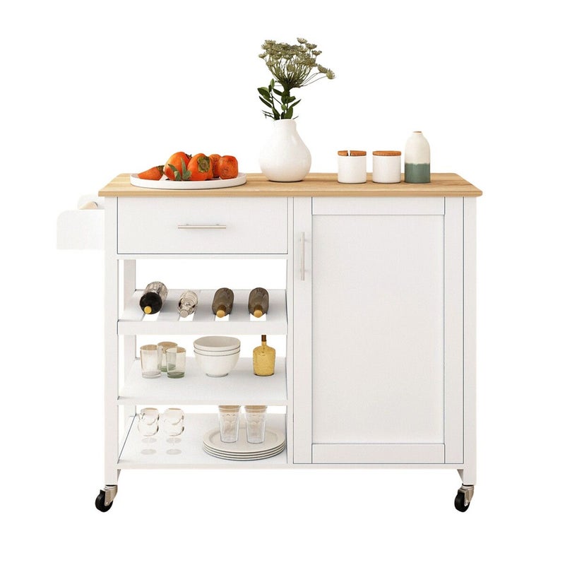 100 cm Rolling Kitchen Island with Rubberwood Top