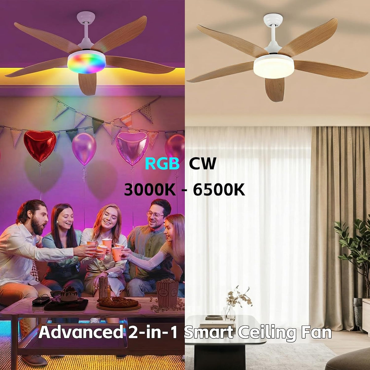 52-Inch Smart RGB Ceiling Fan with 6 Speeds & Reversible DC Motor