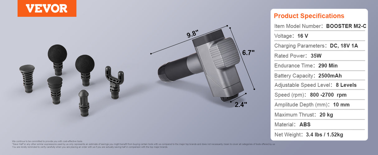 Massage Gun Deep Tissue Percussion Muscle Massager for Athletes w/ 8 Speed Levels 6 Massage Heads 16V 2500mAh Batteries