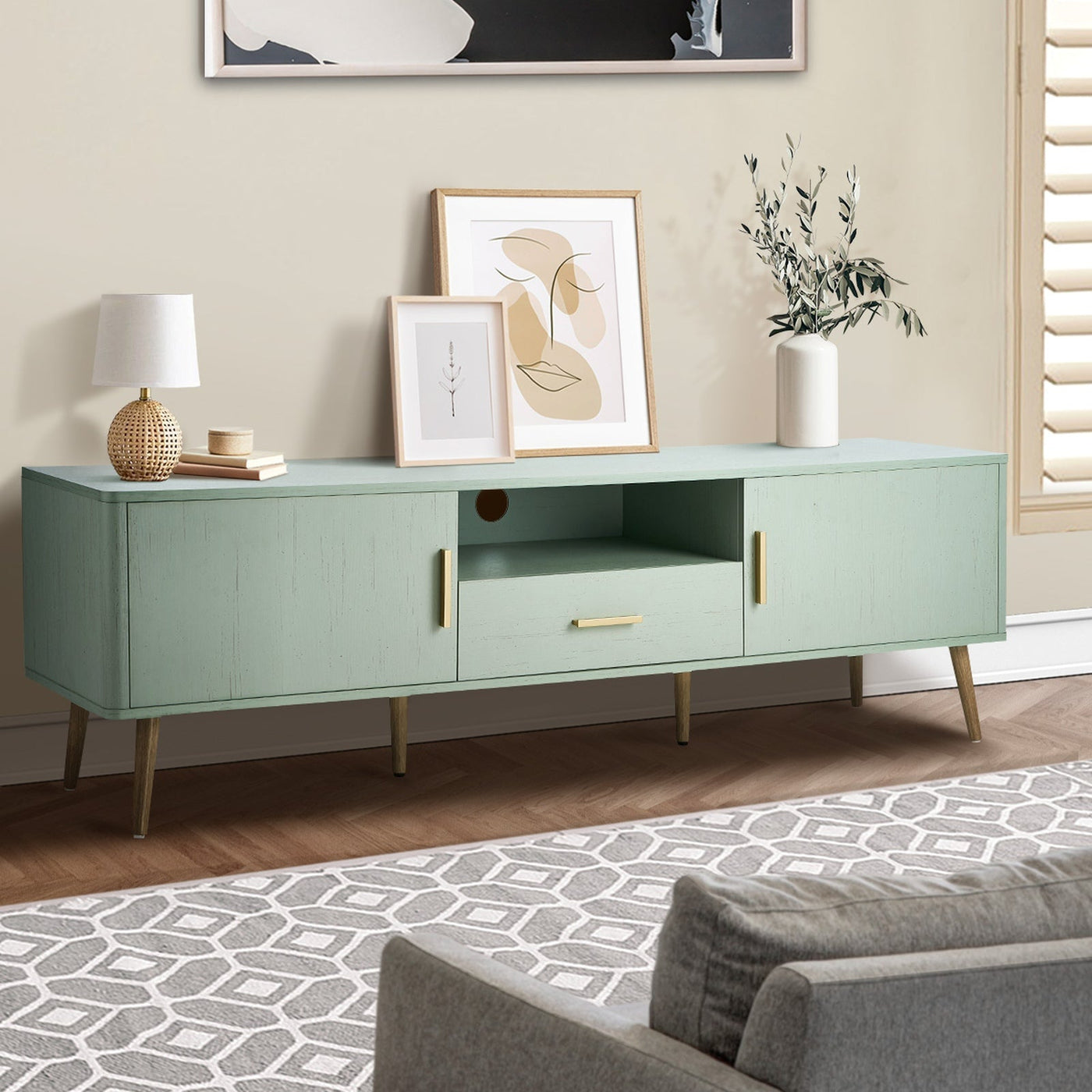 TV Cabinet Entertainment Unit 160cm with Storage Drawer, Shelf & 2 Doors – Green