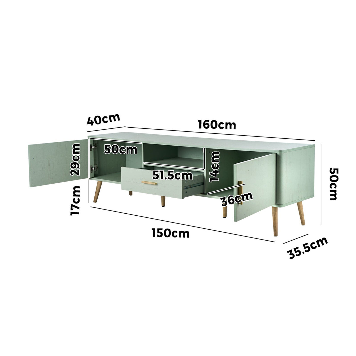 TV Cabinet Entertainment Unit 160cm with Storage Drawer, Shelf & 2 Doors – Green