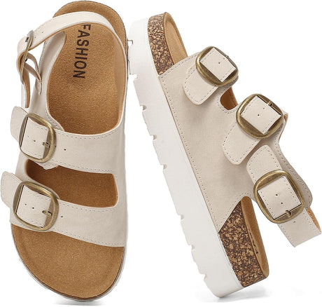Platform Cork-Footbed Slingback Sandals with Adjustable Buckles