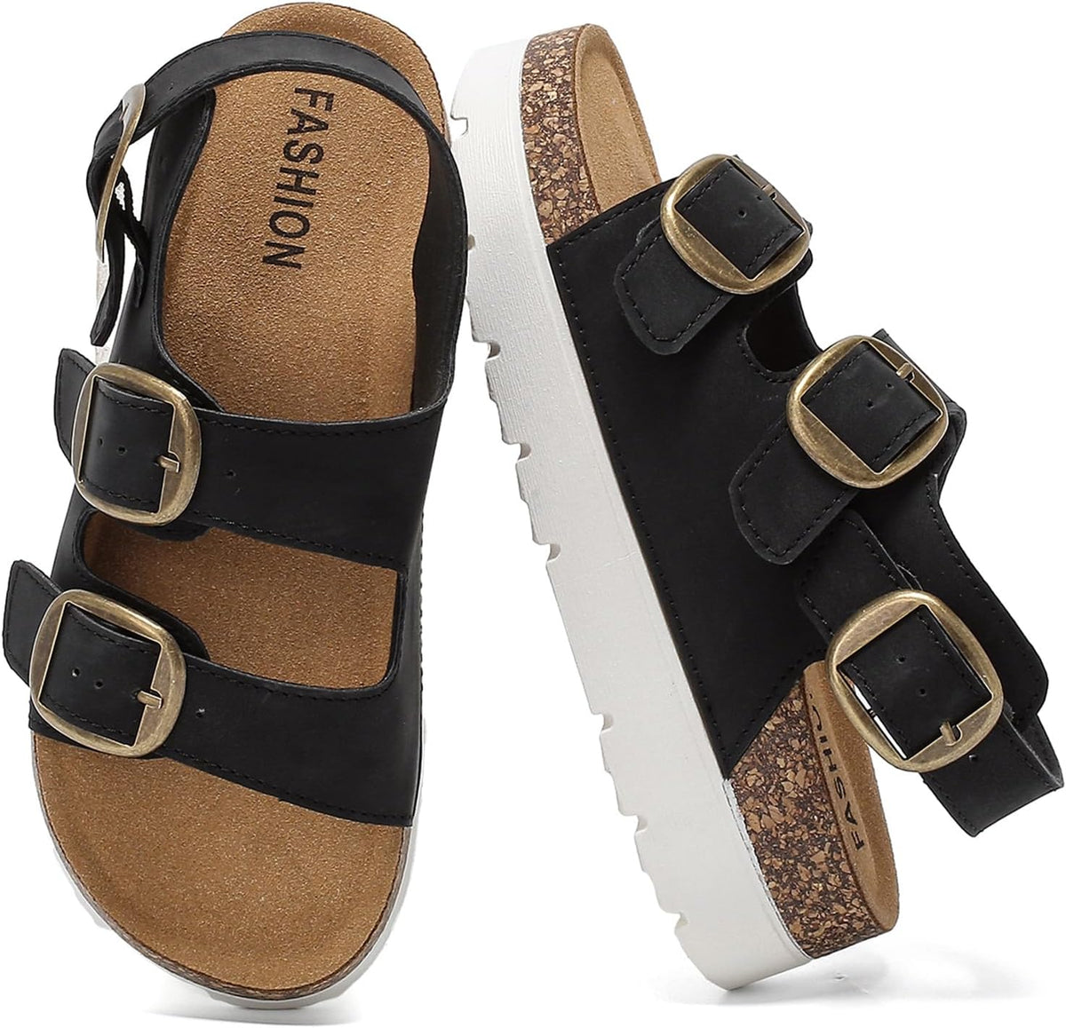 Platform Cork-Footbed Slingback Sandals with Adjustable Buckles
