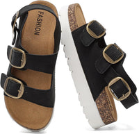 Platform Cork-Footbed Slingback Sandals with Adjustable Buckles