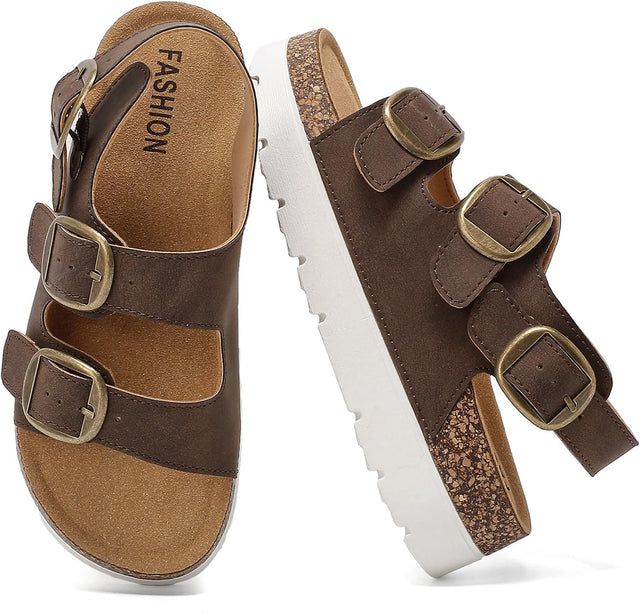 Platform Cork-Footbed Slingback Sandals with Adjustable Buckles