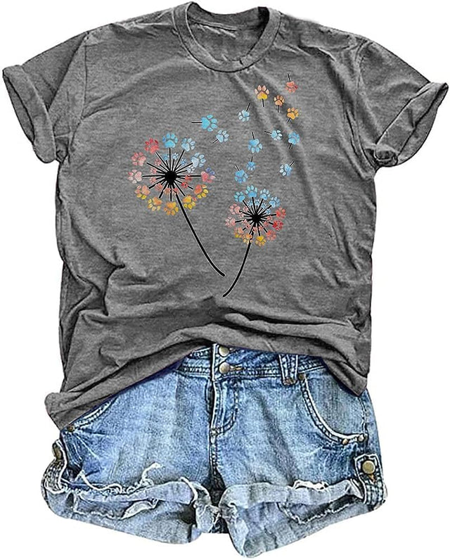 Women’s Dandelion & Dog Paw Graphic T-Shirt – Light Grey