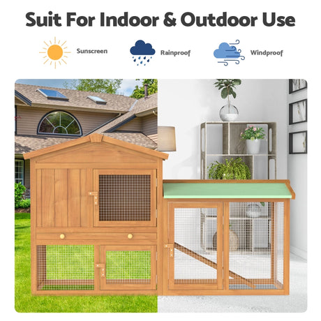 Rabbit Hutch Portable Chicken Coop 2 Level Wooden Pet Cage Large Brown