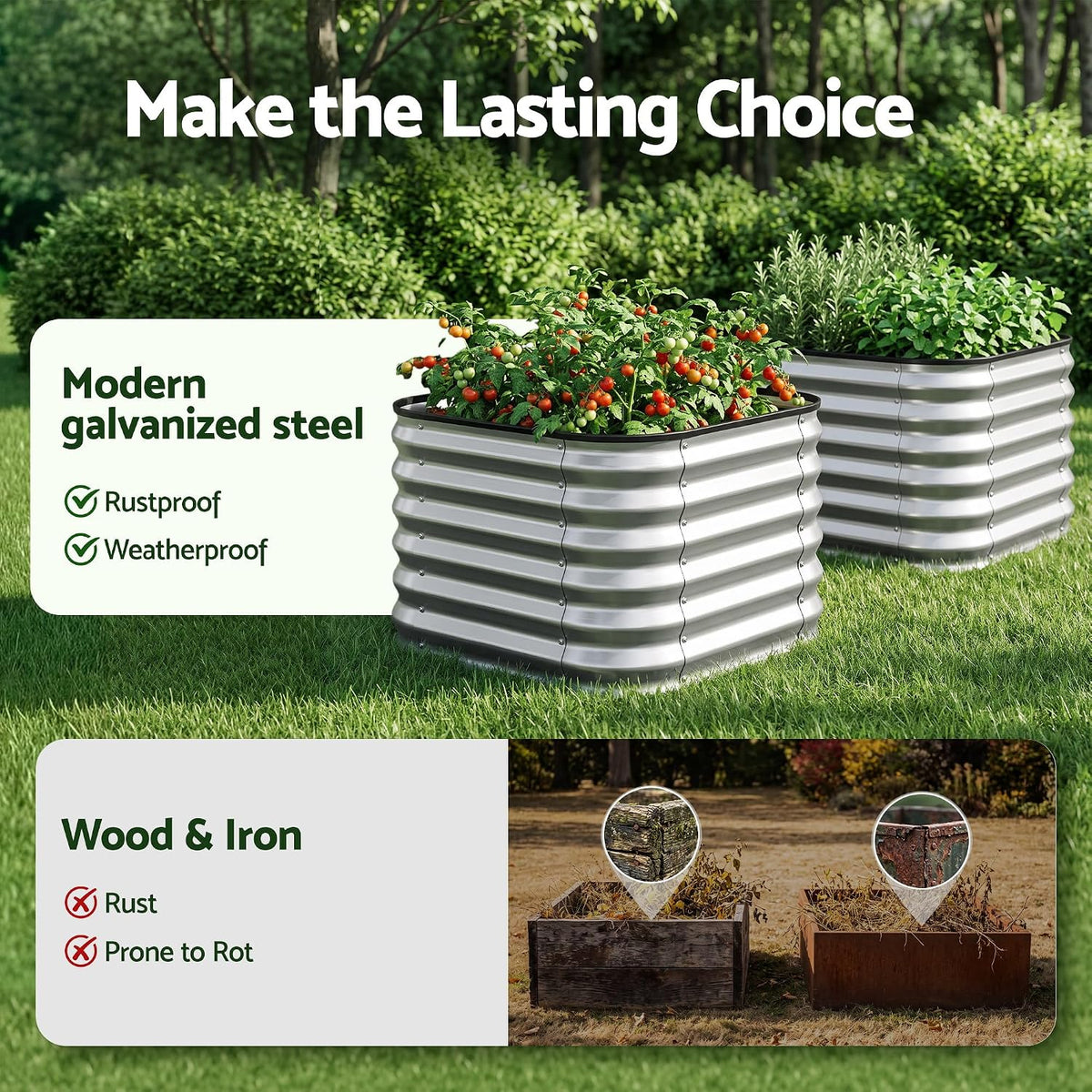 2-Pack Galvanised Raised Garden Beds – 60 × 60 × 45 cm, Silver