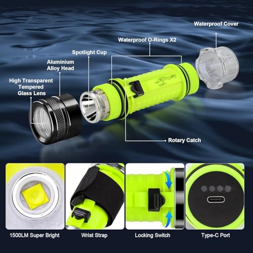 Rechargeable 1500 Lumen Scuba Diving Torch – IPX8 Waterproof, 3 Modes